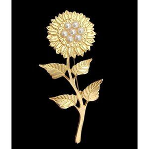 Newpro Sunflower Brooch Faux Pearls Pin Gold tone